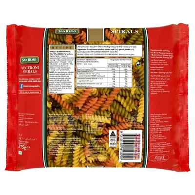PASTA SPIRALS VEGERONI 3 COLOR 375 GR